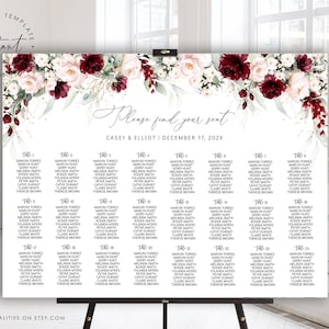 CASEY - Bruiloft Zitplaatsen Kaart Sjabloon, Bourgondische Bloemen Stoelen Grafiek, Afdrukbare &Bewerkbare Bruiloft Zitplaatsen Kaart Poster, Stoel plan Poster