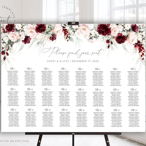 CASEY - Wedding Seating Chart Template, Burgundy Floral Seating Chart, Printable & Editable Wedding Seating Chart Poster, Seat Plan Poster