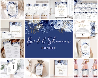 Op de afbeelding: Een bruiloft shower party printable bundel met een blauw en gouden bloemenontwerp. De bundel bevat uitnodigingen, bedankkaartjes, een welkomstbord, een menu, tafelnummers, een receptenkaart, een mimosa bar bord en bedankkaartjes.