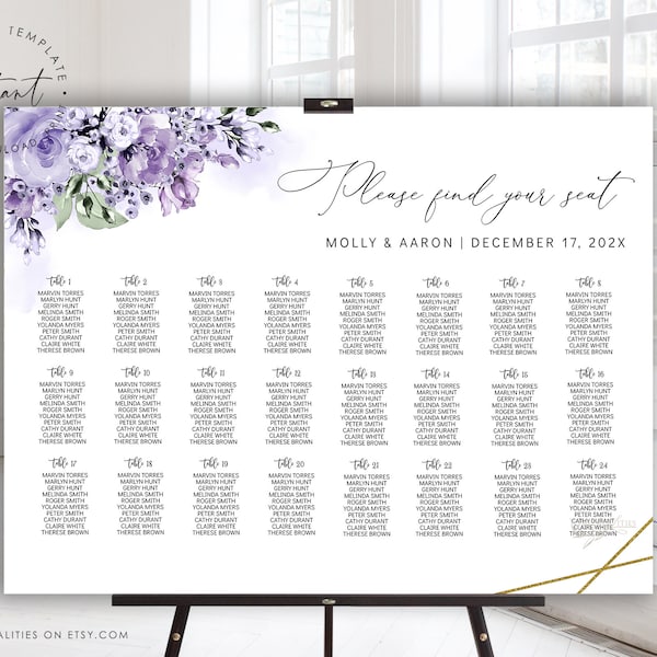 MOLLY - Lavender Wedding Seating Chart Sign Template, Wedding Seating Plan, Editable Seating Arrangement Plan, Lilac Purple Seating Chart