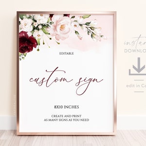 HARPER - Modello di cartello floreale personalizzato, cartello da tavolo bordeaux e fard, cartello da tavolo per matrimonio stampabile e personalizzabile, cartello per matrimonio modificabile