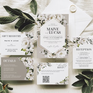 White Floral Wedding Invitation Template Suite (Digital Download)