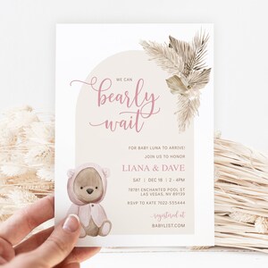 Boho Bear Baby Shower Invitation Template Teddy Bear Baby Shower Girl Dusty Pink Baby Shower Template Editable Baby Girl Shower Invite, PB11