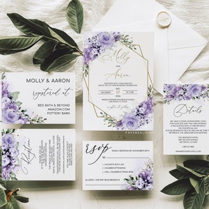 MOLLY - Lilac Wedding Invitation, Floral Wedding Invitation Template Download, Lavender Lilac Gold Wedding Template, Purple Wedding Invites