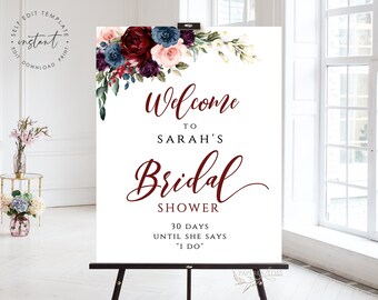 Floral Bridal Shower Willkommensschild: Burgund, Blush, Marineblau (Digital Template)