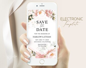 Blush Floral Wedding Save the Date Evite Template (Digital Download)
