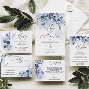 Dusty Blue Eucalyptus Wedding Invitation Suite (Editable Template)