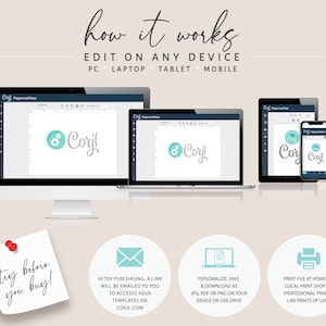 Op de afbeelding: Illustratie die laat zien hoe je afdrukbare sjablonen kunt bewerken op elk apparaat, inclusief een computer, laptop, tablet en mobiele telefoon. De afbeelding toont een computerscherm, een laptopscherm, een tabletscherm en een mobiel telefoonscherm, die allemaal dezelfde sjabloonbewerkingsoftware weergeven. De tekst "how it works" en "EDIT ON ANY DEVICE" wordt bovenaan de afbeelding weergegeven. De tekst "PC, LAPTOP, TABLET, MOBILE" wordt onder de tekst "EDIT ON ANY DEVICE" weergegeven.