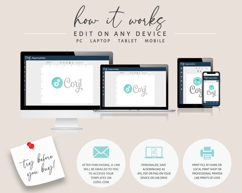 Op de afbeelding: Illustratie die laat zien hoe je afdrukbare sjablonen kunt bewerken op elk apparaat, inclusief een computer, laptop, tablet en mobiele telefoon. De afbeelding toont een computerscherm, een laptopscherm, een tabletscherm en een mobiel telefoonscherm, die allemaal dezelfde sjabloonbewerkingsoftware weergeven. De tekst "how it works" en "EDIT ON ANY DEVICE" wordt bovenaan de afbeelding weergegeven. De tekst "PC, LAPTOP, TABLET, MOBILE" wordt onder de tekst "EDIT ON ANY DEVICE" weergegeven.
