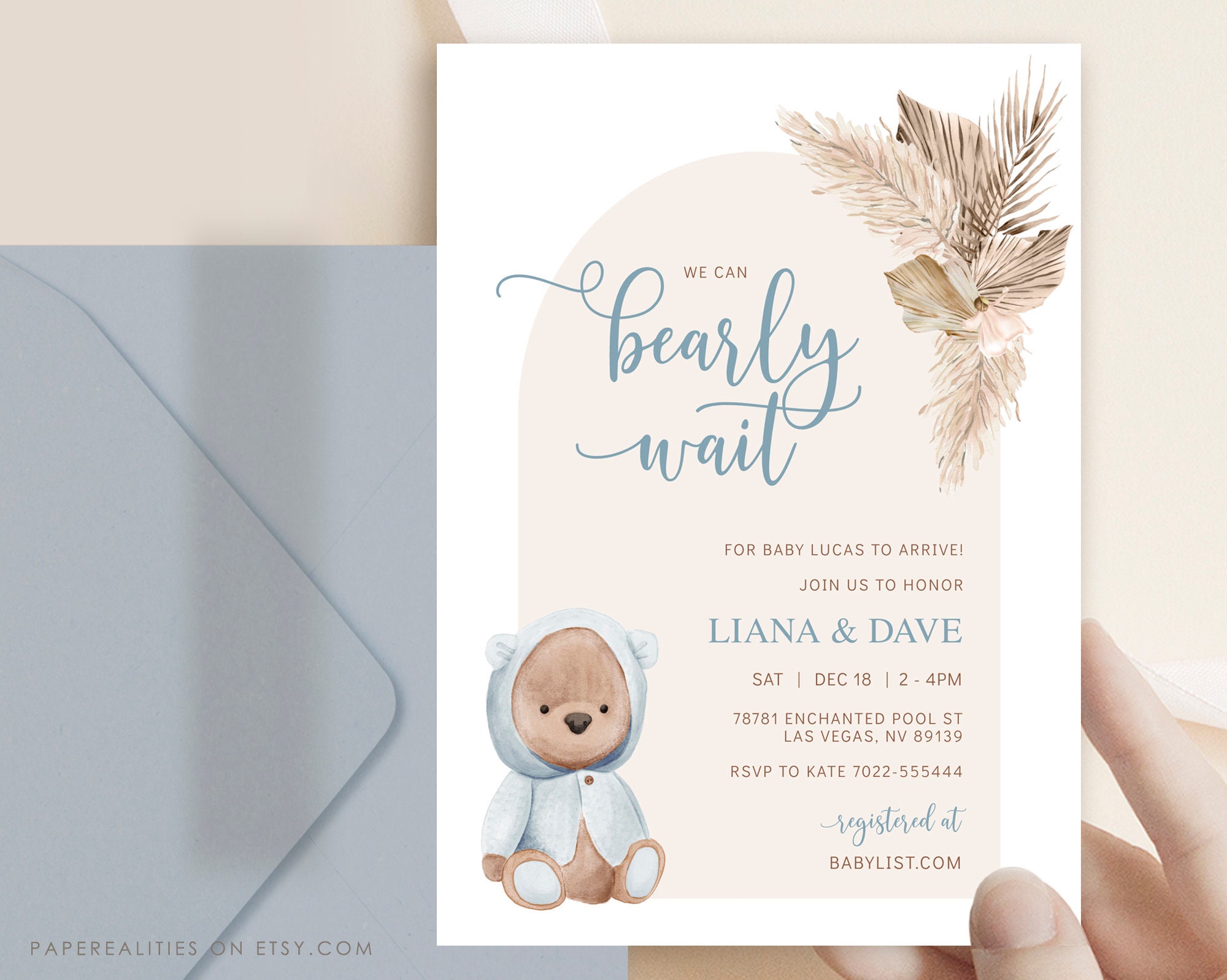 Dusty Blue Teddy Bear Baby Shower Invitation Template (digital Download ...