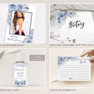 May include: A set of printable bridal shower party decorations featuring a watercolour floral design with blue and grey flowers. The set includes a photo booth frame, a place card or food label, a sanitiser label, and an advice for the bride card. The text on the items reads "Danielle's Bridal Shower", "Brittany", "Danielle's Bridal Shower", and "Advice for the Bride".