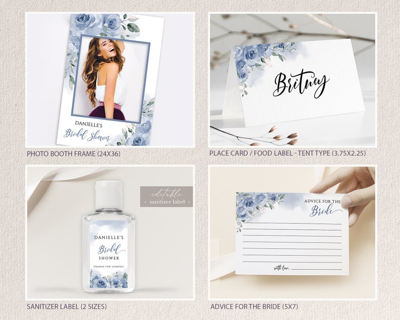 May include: A set of printable bridal shower party decorations featuring a watercolour floral design with blue and grey flowers. The set includes a photo booth frame, a place card or food label, a sanitiser label, and an advice for the bride card. The text on the items reads "Danielle's Bridal Shower", "Brittany", "Danielle's Bridal Shower", and "Advice for the Bride".