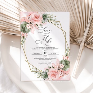 Salbei und Rosa Hochzeitseinladungsvorlage, Blumen Salbei Blush Hochzeitseinladung Druckbare bearbeitbare Hochzeitseinladungsvorlage Corjl, LUNA