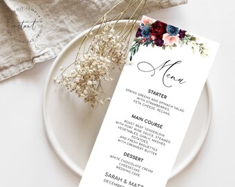 Burgundy Floral Wedding Menu Template: Elegant Printable Card (Digital Download)