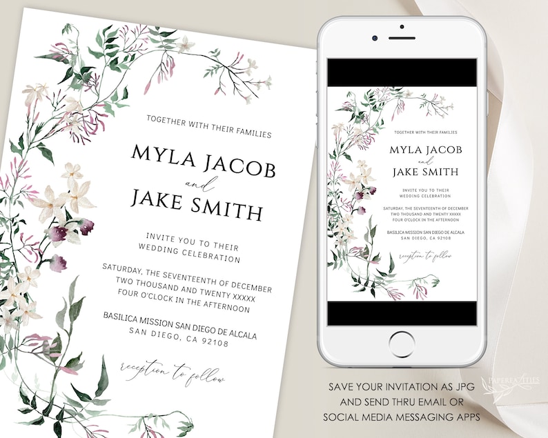 Wildflower Wedding Invitation Suite: Plum, Sage Green (Digital Download) image 5