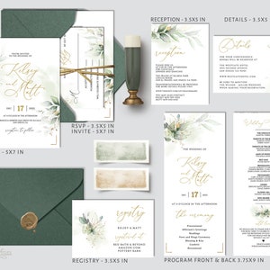 KELSEY Minimalist Greenery Wedding Invitation Template, Wedding Invitation, Printable Wedding Invitation Template Set, Greenery Faux Gold image 2