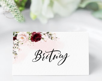 Bridal Shower Place Card Template, Burgundy Blush Floral Wedding Shower Place Card, Tent Type Flat Place Card, Editable Place Card, HARPER