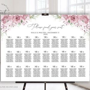 May include: A printable wedding seating chart with a floral design featuring pink roses and greenery. The chart is titled "Please find your seat" and lists the names of guests assigned to each table. The text "Halle & Walter | December 17, 202X" is also included.