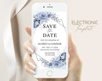 May include: A blue and white floral save the date card on a smartphone screen. The text reads "Save the Date" for the wedding of Audrey & Connor on Saturday, December 17, 202X in San Diego, California. The text also says "Invitation to follow".