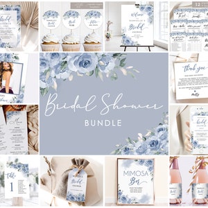May include: A bridal shower bundle featuring blue watercolour floral designs. The bundle includes invitations, thank you cards, a welcome sign, a menu, table numbers, a mimosa bar sign, favour tags, and game cards. The text on the invitation reads "Bridal Shower Danielle Smith".