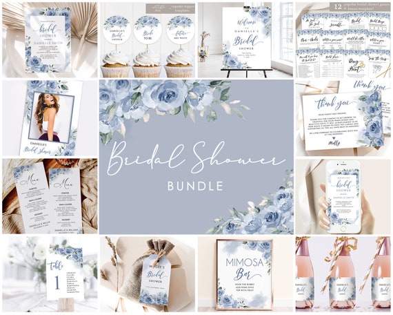 Dusty Blue Floral Bridal Shower Bundle: Invitation Set (Digital Download)