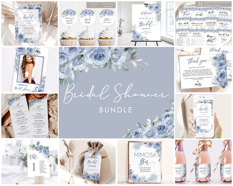 May include: A bridal shower bundle featuring blue watercolour floral designs. The bundle includes invitations, thank you cards, a welcome sign, a menu, table numbers, a mimosa bar sign, favour tags, and game cards. The text on the invitation reads "Bridal Shower Danielle Smith".