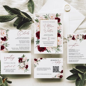 VITTORIA - Printable Wedding Invites Set Template, Burgundy Wedding Invitation Set, Floral Wedding Invitation, Wedding Invitation Editable