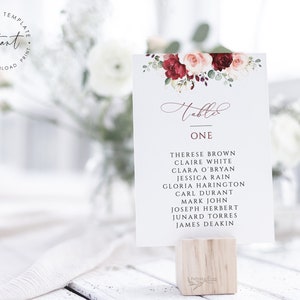 EMILY - Floral Wedding Table Names Template, Printable Wedding Table Names, Burgundy Blush Table Names Seating Plan Template, Find Your Seat