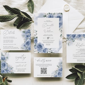 DANIELLE - Dusty Blue Wedding Invitation Set Template, Wedding Invites, Printable Wedding Invitation Suite, Dusty Floral Wedding Invitation