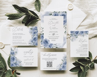 Plantilla de invitación de boda floral azul polvoriento (descarga digital)
