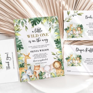 May include: A baby shower invitation with a jungle theme. The invitation features a watercolor illustration of a lion, giraffe, elephant, and other animals in a green jungle setting. The text on the invitation reads "a little wild one is on the way".