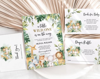 May include: A baby shower invitation with a jungle theme. The invitation features a watercolor illustration of a lion, giraffe, elephant, and other animals in a green jungle setting. The text on the invitation reads "a little wild one is on the way".