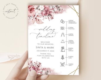 Dusty Pink Wedding Timeline Template, Dusty Rose Floral Wedding Agenda, Wedding Party Timeline, Order of the Day, Wedding Schedule, SINTA