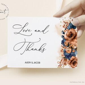 Terrakotta Marine Hochzeit Dankeskarte Vorlage, druckbare Hochzeit Dankeskarte bearbeitbare Burnt Orange Blau Dankeskarte Floral, AVERY