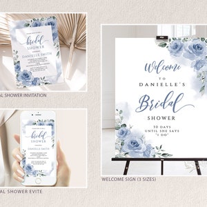 May include: Blue and white watercolour floral bridal shower invitation with the text "bridal shower" and "Danielle Smith". The invitation is shown in both printed and digital formats.