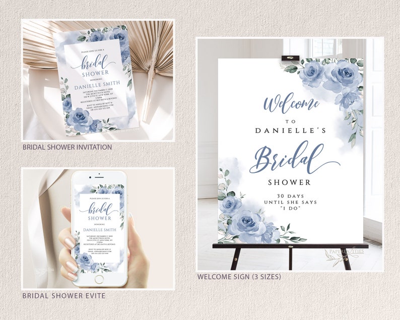 May include: Blue and white watercolour floral bridal shower invitation with the text "bridal shower" and "Danielle Smith". The invitation is shown in both printed and digital formats.
