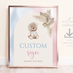 Gender Reveal Custom Sign Template, Editable Custom Sign, Boho Bear Gender Reveal Party, Boy or Girl, He or She, We Can Bearly Wait, GR09