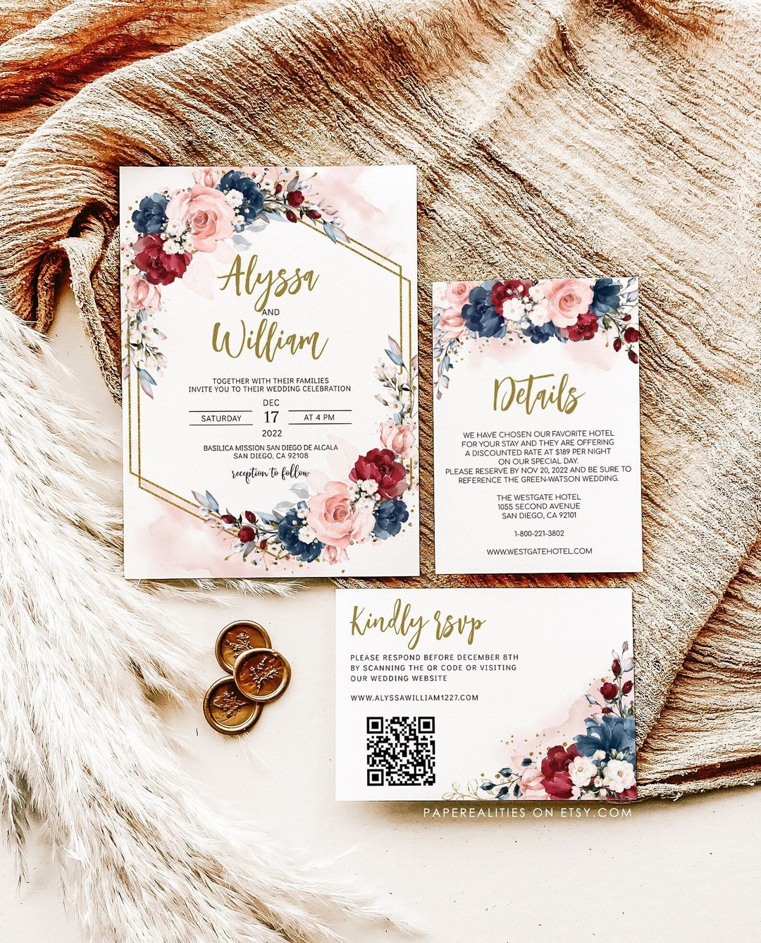 Burgundy Navy Wedding Invitation Template, Navy Blue Blush Pink Floral ...