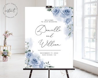 Modèle de plaque de bienvenue pour mariage floral bleu poussiéreux (téléchargement numérique)