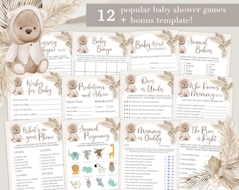 May include: A set of 12 printable baby shower games featuring a cute brown teddy bear illustration. The games include "Nursery Rhyme Quiz", "Baby Bingo", "Baby Word Scramble", "Animal Babies", "Wishes for Baby", "Predictions and Advice", "Over or Under", "Who Knows Mommy Best", "What's in Your Phone", "Animal Pregnancy", "Mommy or Daddy", and "The Price is Right".