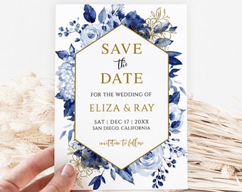 Dusty Blue Floral Save the Date Template: Editable Wedding Invitation (Digital Download)
