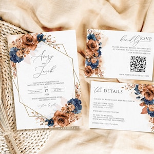 Marineblau Rostbraune Hochzeitseinladung Vorlage, Terrakotta-Marineblaue Hochzeitseinladung mit Antwort-QR-Code für die Hochzeit in Marineblau, AVERY