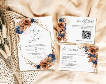 Könnte beinhalten: Hochzeitseinladungs-Set mit einer Hauptkarte, einer RSVP-Karte und einer Detailkarte. Das Design umfasst braune und marineblaue Blumenakzente, goldene geometrische Rahmen und elegante Schrift. Der Text enthält die Namen "Avery und Jacob".