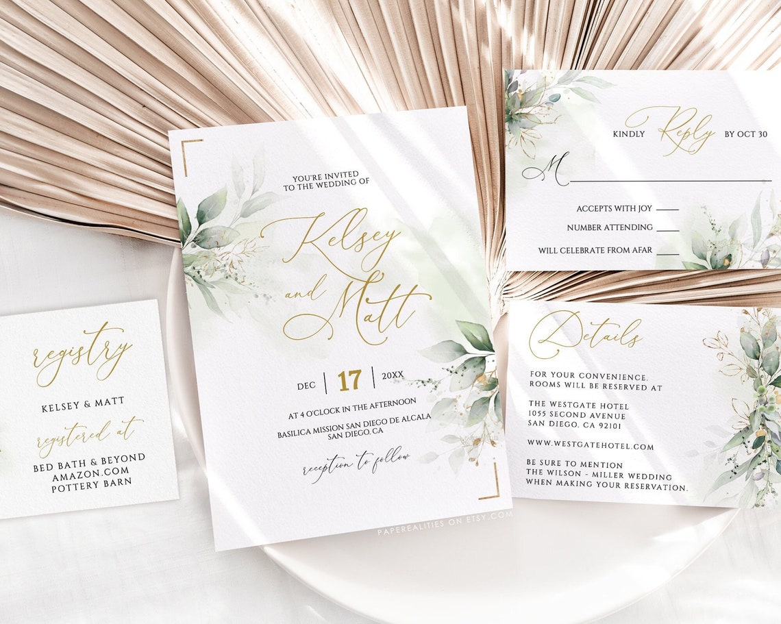 KELSEY Minimalist Greenery Wedding Invitation Template image 1