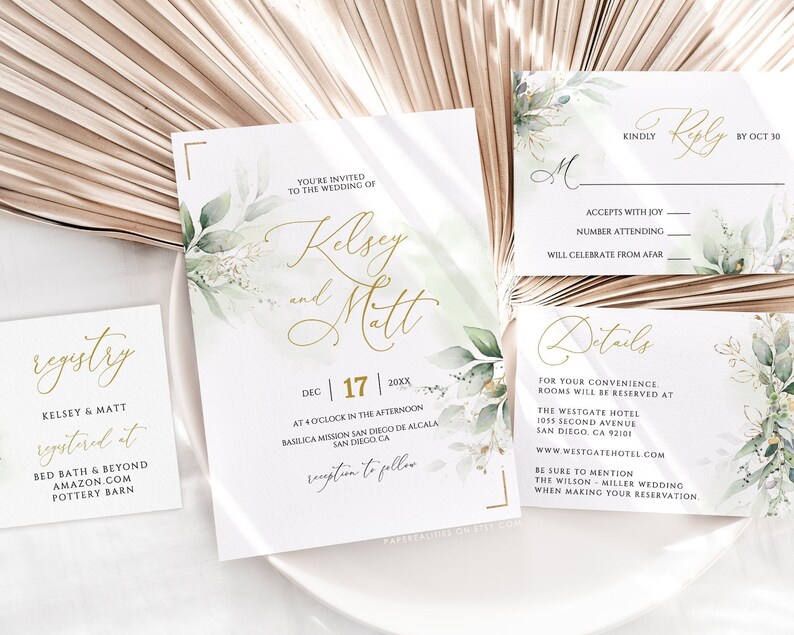 KELSEY - Minimalist Greenery Wedding Invitation Template, Wedding Invitation, Printable Wedding Invitation Template Set, Greenery Faux Gold 