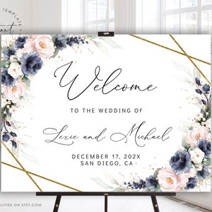 Navy Blush Floral Wedding Welcome Sign Template (Digital Download)