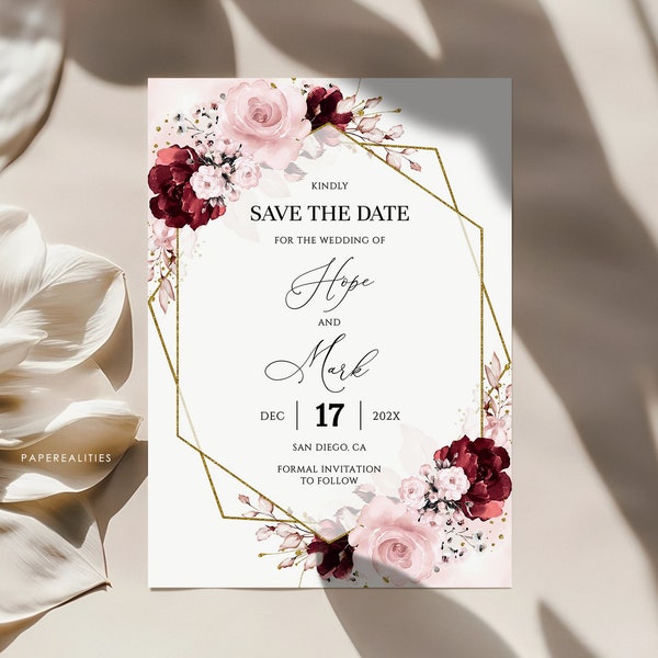 HOPE - Save the Date Template, Dusty Rose and Burgundy Save the Date Invitation, Printable Wedding Save the Date, Deep Red Dusty Pink Blush