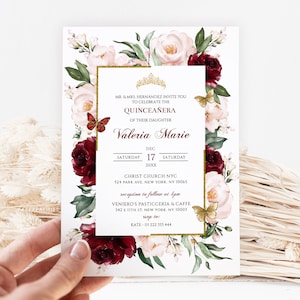 Burgundy Floral Quinceañera Invitation Template (Digital Download)