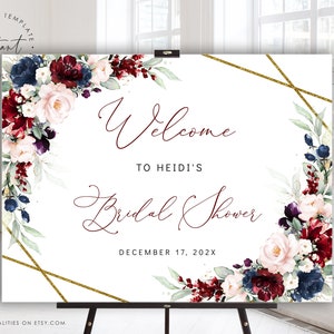 Burgundy Floral Bridal Shower Welcome Sign Template (Digital Download)