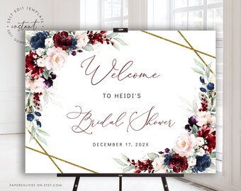 Burgundy Floral Bridal Shower Welcome Sign Template (Digital Download)